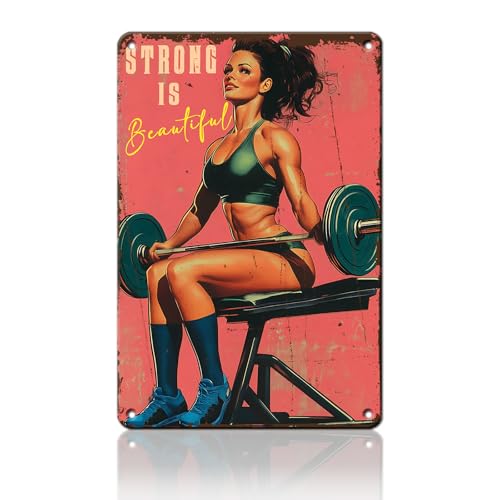 PEACHGARDEN Decoración de gimnasio en casa, letreros de gimnasio para el hogar, fuerte es hermosa, fitness, levantamiento de pesas, obras de arte motivacionales, decoración de pared de metal, sala de
