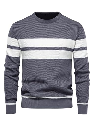 LUVCES Jersey Hombre Invierno Suéter Casual con Bloques de Color Cuello Redondo Manga Larga Jersey de Uso Diario a Rayas Tops Gris M | Ya disponible en tu tienda friki favorita! En mundofriki.es!