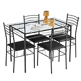 VECELO 5-Piece Kitchen Dining Table Set, Glasses Tabletop & Heavy-Duty Metel Frame, Rectangle Dinette with 4 Chairs for Small Space, Breakfast Nook, Black
