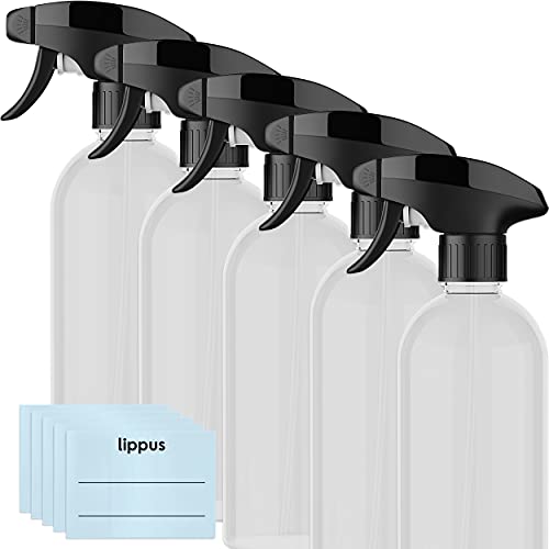 lippus Botellas pulverizadoras vacías [5 unidades] Juego de 500 ml + etiquetas para escribir – RPET (reciclado) – 3 modos de pulverización – Extra estables y duraderas – Ideal para detergentes
