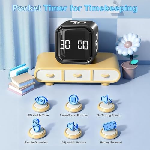 Image of Cube Pomodoro Timer, Desk Productivity 5 /10 /30 /60 Minutes & Custom Countdown, Adjustable & Silent Visual Timer, ADHD Tool Flip Rotating Portable Multi Timers for Study Task Work Kitchen School