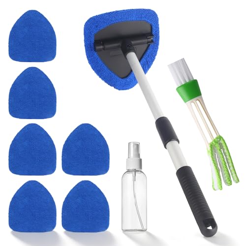 Nettoyage Pare Brise Kit, 6 Tampons Lavables, 1 Vaporisateurs, Nettoyage de Pare Brise avec Poignée Télescopique avec Poignée Pivotante à 180°, pour le...