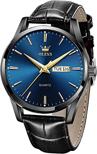 OLEVS Men Wrist Watches for Men Blue dial Black Leather Big Face Analog Quartz Calendar Day Date Waterproof Luminous Male Luxury Casual