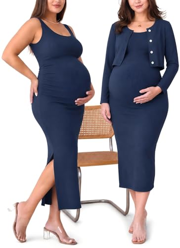 Rnxrbb 2 PCS Spring Summer Maternity Dress Cardigan Bodycon Short
