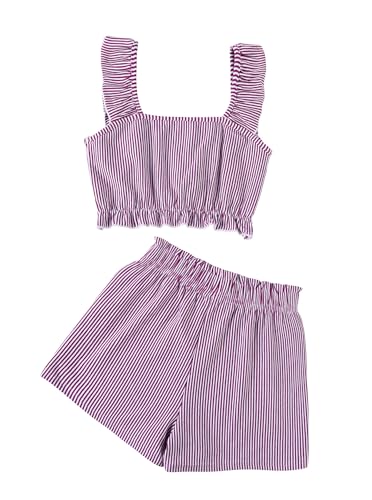 Image of Girls 2 Piece Summer Outfits Ruffle Strap Striped Crop Top and Short Sets Purple 7-8 Years