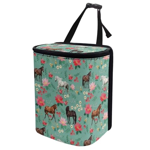 Image of Talayituse Horse Flower Print Car Trash Can with Lid, Leak Proof Auto Trash Bag Hanging Vehicle Garbage Can Multipurpose Storage Container for Back Seat Road Trip
