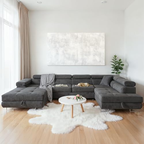 SOFILAND Ecksofa Aller U XXL-Ecksofa mit Schlaffunktion und Zwei Bettkästen in Grau, rechte Seite (Dunkelgrau)