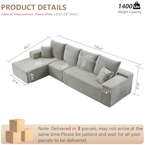 Image of 135.4 inch Modular Sectional Sofa, Modern Corduroy Cloud Couch with Deep Seat, Boneless Couch Upholstered 4-Seater L-Shaped Sofa for Living Room, No Assembly Required (Grey, Left-Facing Chaise)