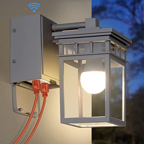 Image of Outdoor Porch Light with GFCI Outlet Built in, Dusk to Dawn Outdoor Lighting with Clear Glass Shade, Waterproof Outdoor Wall Sconce Exterior Lights for House Garage Front Door, Bulb Included(Gray) | Gray Exterior Lighting with Clear Glass Shade, Waterproof Wall Sconce for House Garage Front Door, Bulb Included