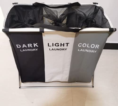 CNFQ Grand panier à linge pliable 3 compartiments avec filet comme écran d'intimité Sac à vêtements sale avec poignée pour salle de bain Chambre Cover