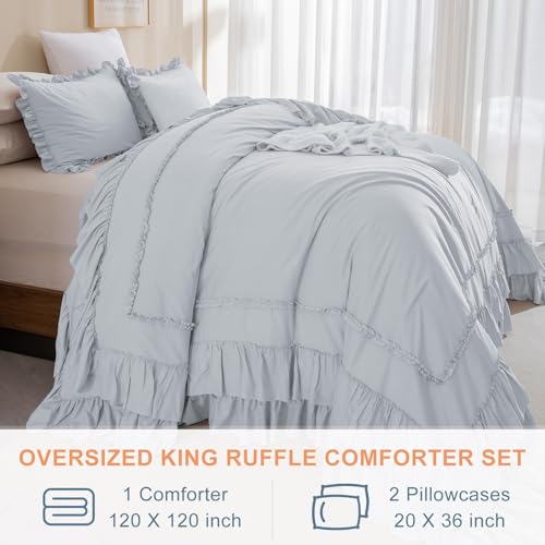 Image of QSH Oversized King Comforter 120x120,3PCs Light Blue Farmhouse Ruffle Bedding Comforter Shabby Boho Chic Ruffled California King Comforter Soft Microfiber Lightweight Fluffy Bed with Pillowcases