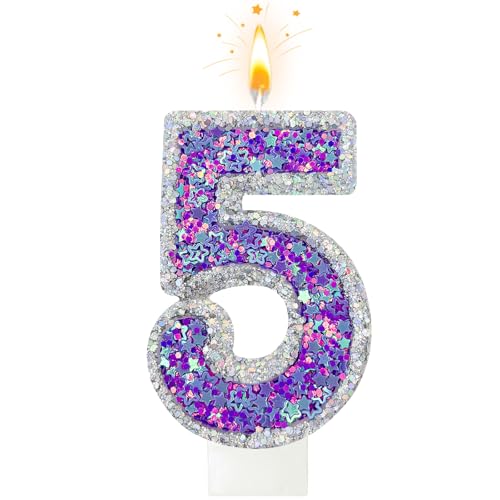 Lurevian K-pop Number 5 Birthday Candle Star Glitter Filled Number Candle Purple Silver Fantasy Cake Topper for Birthday Party Decoration