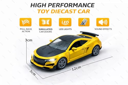 Image of 1:36 Scale Chevrolet Camaro Toy Car - Die-Cast Metal Pull Back Vehicle with Openable Doors, Lights & Music - Sports Model for Kids, Boys & Collectors (Yellow)