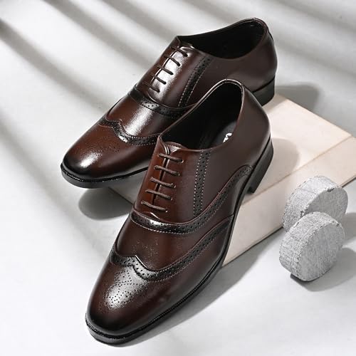 Image of Centrino Men's Formal Lace-Up Shoes | Soft & Comfortable Oxford Brogue Dress Formal Shoe| Stylish Looking Lace Up Medallion Toe Perforated for Business Formal Wedding & Office Wear (9359)