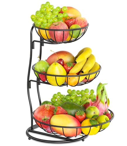 Tiered Fruit Basket Stand for Kitchen Counter, Large Capacity Organizer, Space Saving Metal Wire Racks, Modern Design, Black