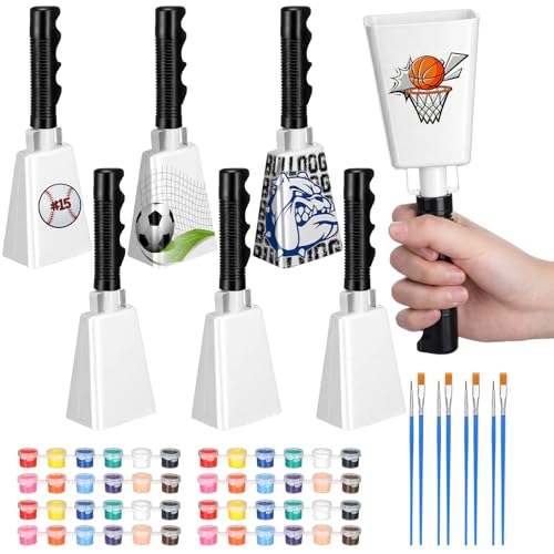 6 Set Cheering Cowbells for Sporting Events 9 Inch DIY Paintable Cow Bells with Paint Sticks and Brushes Noise Makers Solid White Steel Hand Bell for Sports Games School Percussion Musical Instruments
