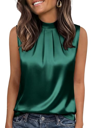 Funlingo Silk Tank Tops for Women Sleeveless Satin Camisoles Blouse Dressy Casual Work Shirts Teacher Basic Office Clothes Dark Green M