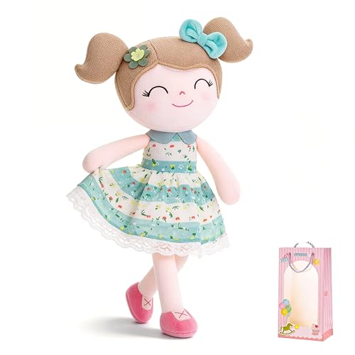 Gloveleya Baby Girl Gifts – Soft First Plush Doll with Gift Box, Spring Green Dress, Snuggly Birthday Present, for Toddler Girls
