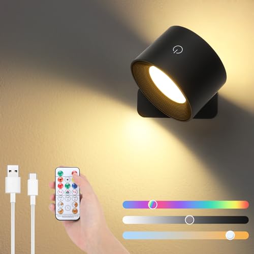 Lampop Led Wall Light Rechargeable Wall Lights with Remote & Touch Control, 16 RGB Dimmable Battery Operated Wall Lamp, 360° Rotation Magnetic Wall Sconce for Living Room Bedroom (Black)