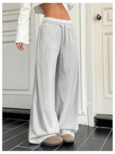 WDIRARA Women's Lace Trim Drawstring Waist Wide Leg Pants Loose Lounge Pants with Pockets2