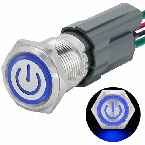 Image of UL Listed 15Amp 16mm Momentary Push Button Switch 110V-120V IP67 Waterproof; SPST 1NO, with LED Angel Eye Light; Stainless Steel 304 with Wire Socket Blue
