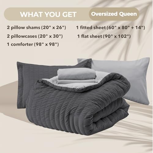Image of HYMOKEGE Dark Grey /Light Grey Oversized Queen Comforter Set Seersucker 7 Pieces, All Season Luxury Bed in a Bag for Bedroom, Bedding Set with Comforter, Sheets, Pillowcases & Shams
