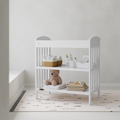 Image of Graco Benton Changing Table with Bonus Water-Resistant Changing Pad (White) - GREENGUARD Gold Certified, Includes Diaper Change Pad with Safety Strap, 2 Open Storage Shelves for Organizing