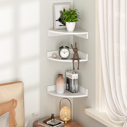 Image of Fun Memories Corner Shelf Wall Mount, Wood Floating Corner Shelves, Corner Wall Shelf for Bedroom, Bathroom, Kitchen, Living Room (White, 3 Pack)