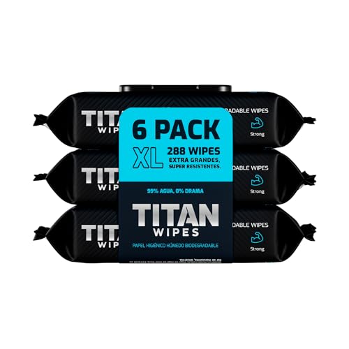 TITAN WIPES Papel Higiénico Húmedo Biodegradable EXTRA Grande y Resistente – 6pack 288 Toallitas Humedas XL 18×18 cm, 99% Agua, Aloe & Vitamina E, 0% Alcohol, Resistentes y Desechables por el WC