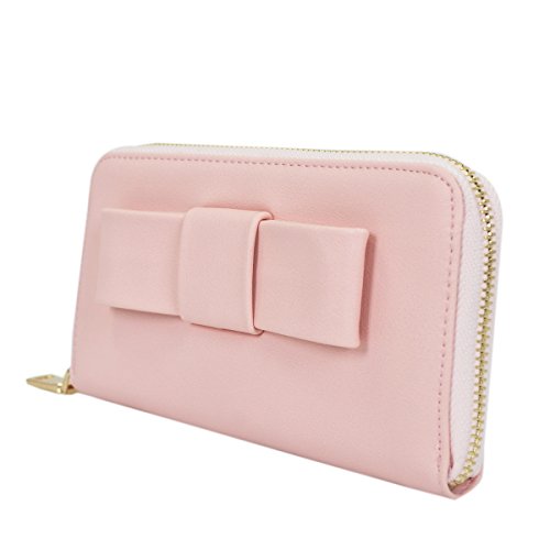 Women's Bow Front PU Leather Zip Around Wallet, Pink