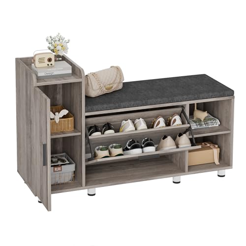 BonVache Shoe Storage Bench with Cushion Grey Shoe Bench 105cm Lounge with 2 Shelves and 4 Compartments Hallway Storage Unit with Seat Living Room