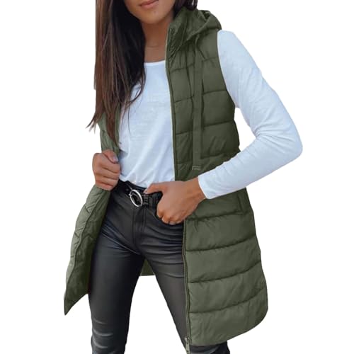 Chaleco Mujer Largo Invierno Acolchado Chaqueta sin Mangas Algodón Chalecos Largos Casual Moda Abrigo con Capucha Abrigos De Invierno Termico Parka Cálido Talla Grande Outwear con Cremallera Otoño