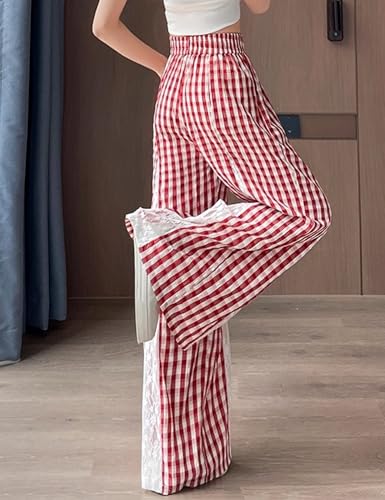 Womens Plaid Wide Leg Pants Lace Patchwork Gingham Pants High Waist Palazzo Lounge Trousers with Pockets4