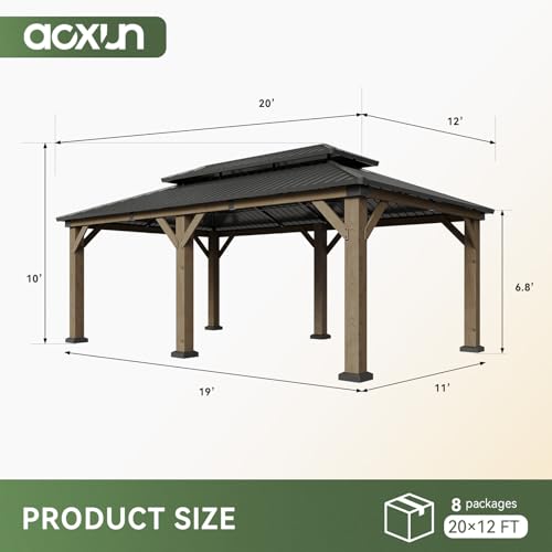 Image of Aoxun 12' x 20' Outdoor Wood Gazebo, Hardtop Gazebo Permanent Wooden Pavilion with Galvanized Steel Double Roof, and LED Outdoor Waterproof Hanging Lights, for Patio, Garden, Deck, Cedar Wood