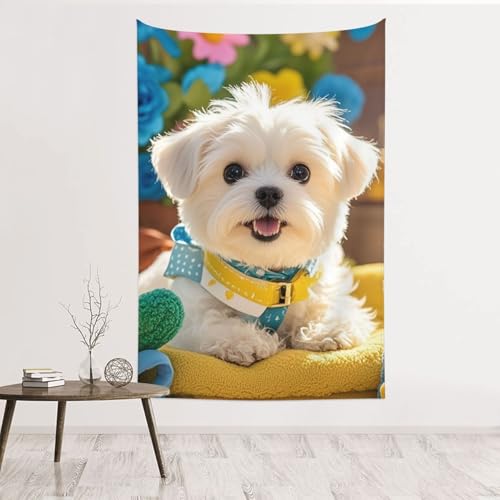 Tapisserie chiot maltais 152 cm pour habiller un mur vide sans faire de trou