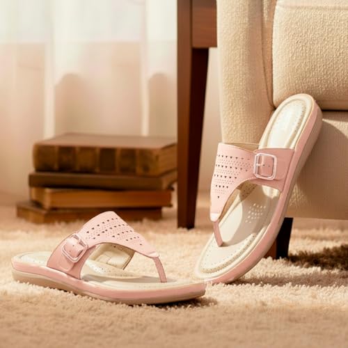 Image of DOCTOR EXTRA SOFT Women Flat Memory Foam Slippers /Flip-Flops Fashion Stylish Casual Comfortable Diabetic Orthopedic Lightweight Synthetic Slip-On Sandals With Adjustable Buckle D-609, Peach, 9 UK