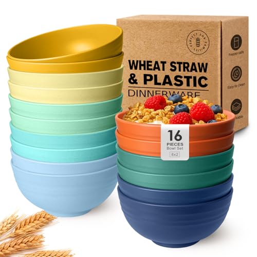 Teivio 16-Piece Cereal Bowls,26oz Wheat Straw Bowls Set, Unbreakable Durable Plastic Bowls for Kitchen, Camping, Kids Salad Snack Bowl Reusable,Dishwasher Safe, Multicolor