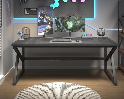 Image of HSH Extra Long Computer Desk, Industrial Metal Wood Home Office Desk, Large PC Laptop Table for 2 Person Executive Writing Work Study Gaming, Bedroom Living Room Dual Monitor Desk, Dark Gray, 70 Inch