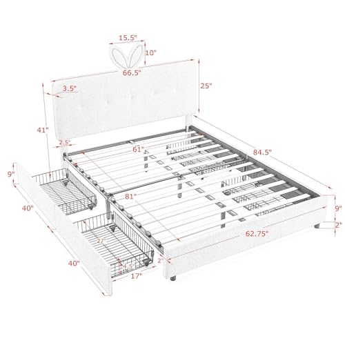 Image of Queen Led Bed Frame with 4 Storage Drawer, Upholstered Platform Floor Bed with Rabbit Ear Headboard Daybed Strong Wooden Slats No Box Spring Needed for Kids Girls Boys, Pink