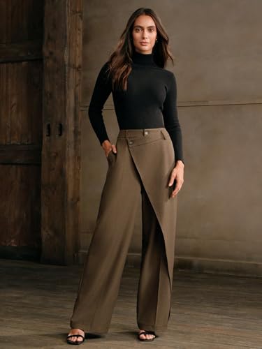 Womens Classic Casual Pants Solid Color Asymmetrical Drape Straight Leg Office Pants4