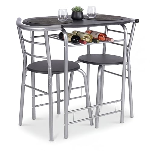 Bravich Compact 3 Piece Dining Set Small Space Saving Bistro Table and 2 Chairs with Storage Shelf Kitchen Breakfast Table Set for 2 Black & Silver