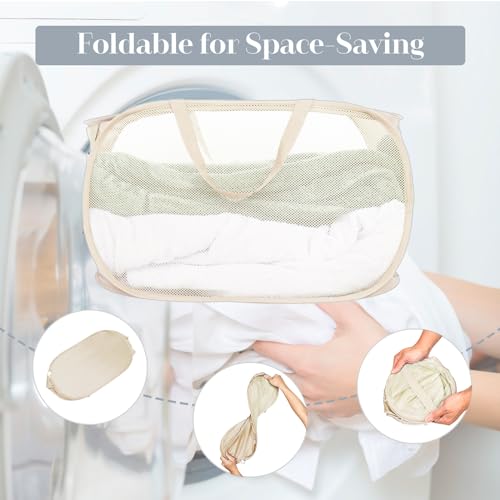 Image of 4 Pcs Durable Collapsible Laundry Baskets, Foldable Large Opening Pop Up Laundry Hamper with Pocket, Clothes Hamper with Handles for Laundry, Bathroom, Kids Room, Dorm or Travel Beige