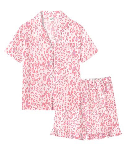 SWOMOG Girls Pajamas Silk Satin Pajama Set Short Sleeve Button Down Sleepwear Soft Cute PJs with Ruffle Shorts Loungewear