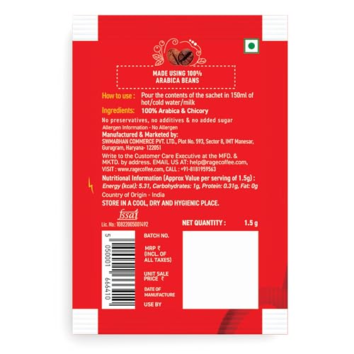 Image of RAGE COFFEE Extra Strong Premium Blend Coffee Powder|Pack Of 100|Premium, Bold & Instant|Instant Coffee & Chicory- 100% Arabica Beans For Hot & Cold Coffee|0.27 Kilograms|Sachets