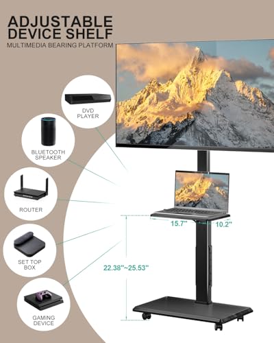 Image of WALI Rolling TV Stand with Power Outlet & AV Shelf, Mobile Tall TV Stand Mount on Wheels for 34-75 inch TV up to 110 lbs, Swivel Height Adjustable TV Cart with Wood Base for Bedroom(TVDVD-6PR), Black