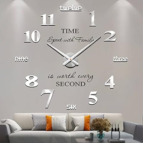 VANGOLD Modern Mute DIY Frameless Large Wall Clock 3D Mirror Sticker Metal Big Watches Home Office Decorations (Silver) Cover