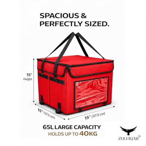 Image of ZULFIQAR Insulated Delivery Bag for Bike, Thermal Food & Grocery Delivery Bag, Waterproof Heavy-Duty Carrier, 15x15x15 Inch (Large 65L - Black) (Red, Large)
