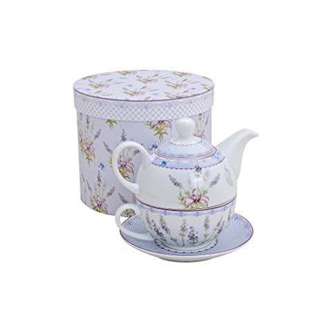 Tea Set with Lavender Motif for One Person, Teapot, Teacup and Saucer, Porcelain Tea Set in Gift Box, Design Handle Cup, Handle Pot and Saucer for Tea Drinker, Tea for One Cover