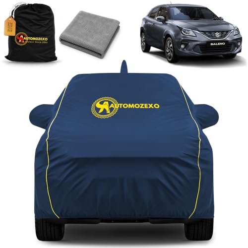 Image of Maruti Baleno Waterproof Car Cover with Antena & Mirror Pockets Triple Stitched Bottom Elastic Adjustable Belt Inner Cotton All Weather Protection Against Scratches Rain Dust UV Rays -Blue