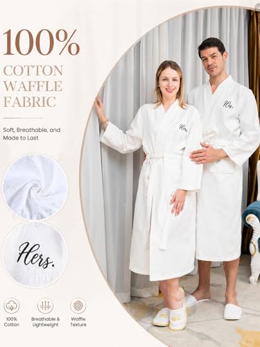 Image of Jecery 2 Pack His and Hers Robes Gifts for Couples Cotton Waffle Knit Matching Robes Party Anniversary Wedding Women Men